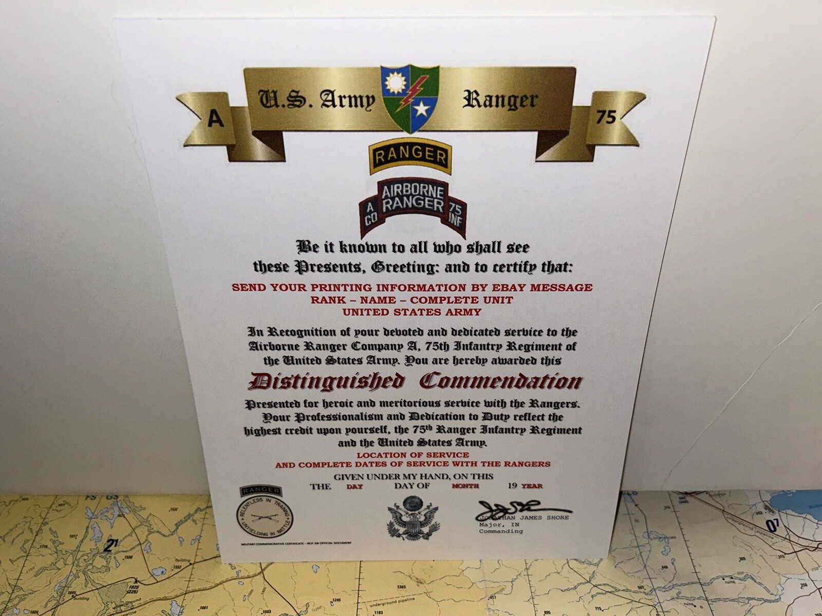 U.S. ARMY - A CO. 75TH RANGER INFANTRY / DISTINGUISHED COMMENDATION CERTIFICATE