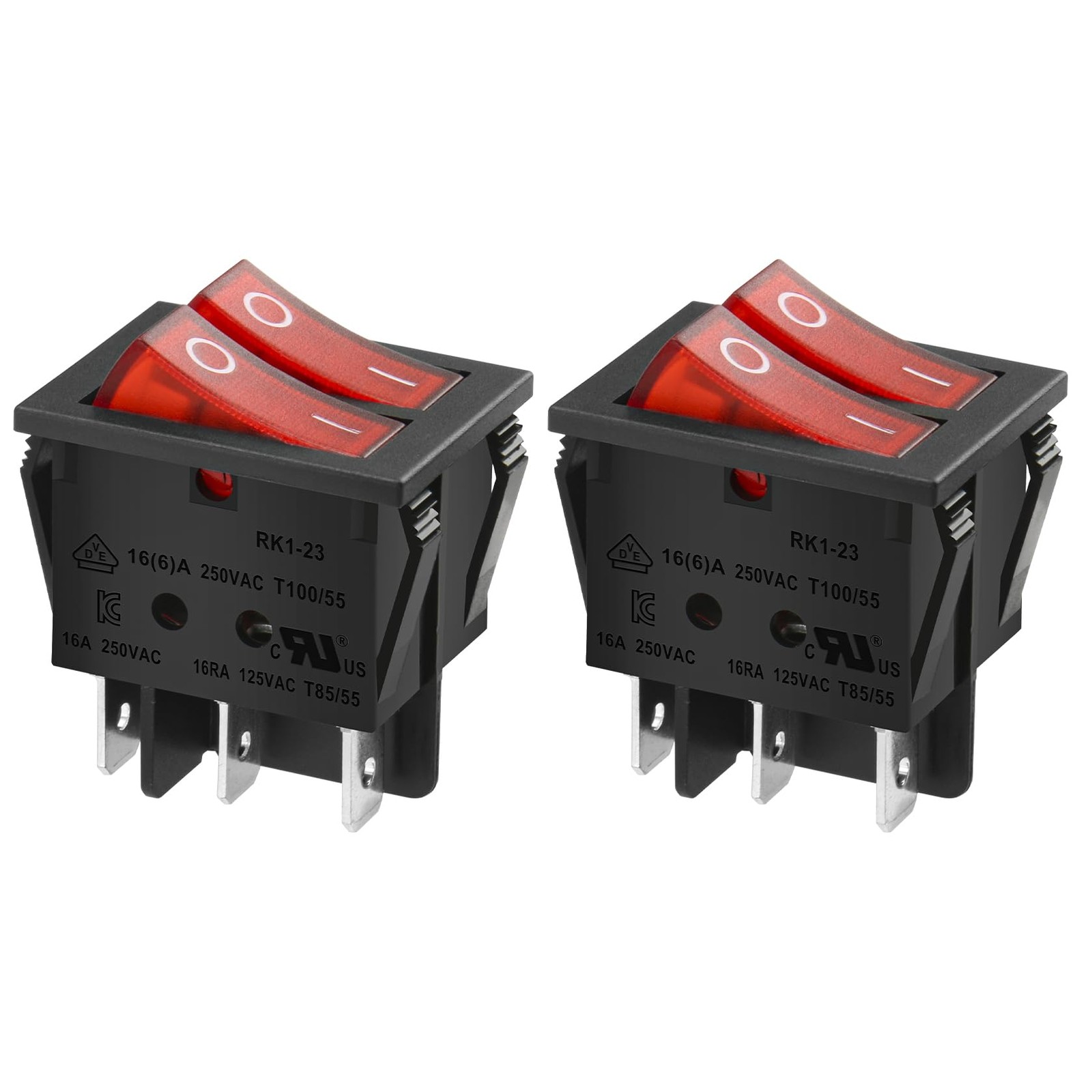 Double Rocker Switch SPST ON-Off 6 Terminals Red Light 16A 250VAC 2Pack