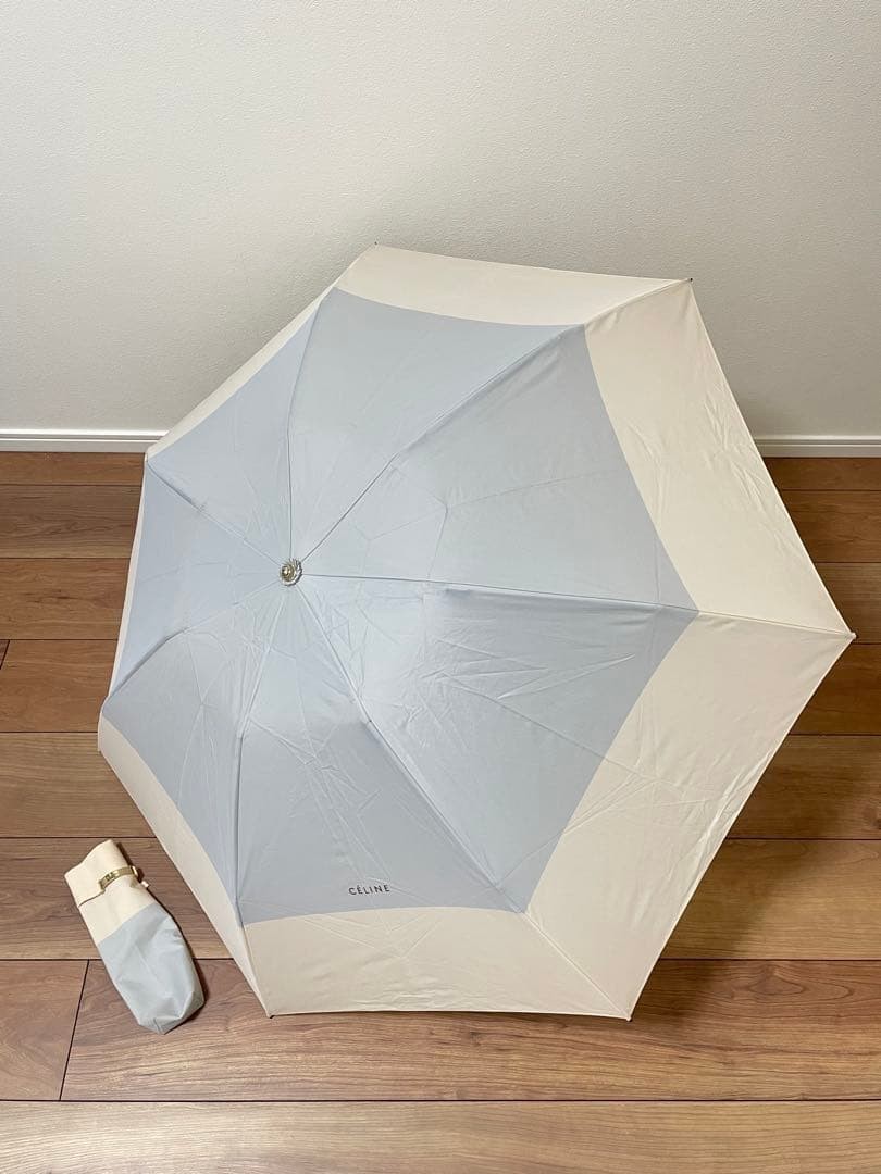 CELINE Folding Umbrella Pink Blue Gold Hardware Subtle Logo Authentic