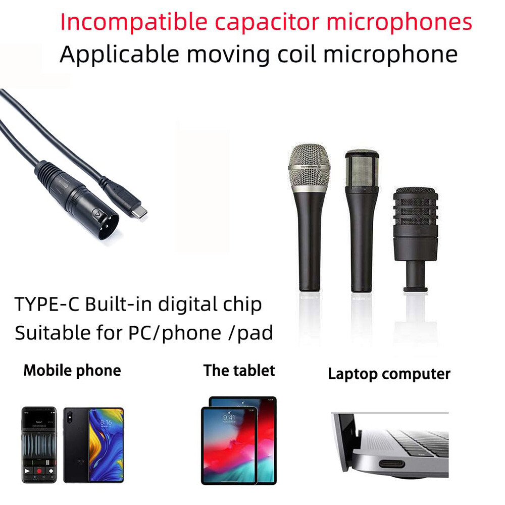 XLR Female to USB Type C Male Microphone Cable Stereo Recording Smartphone Audio