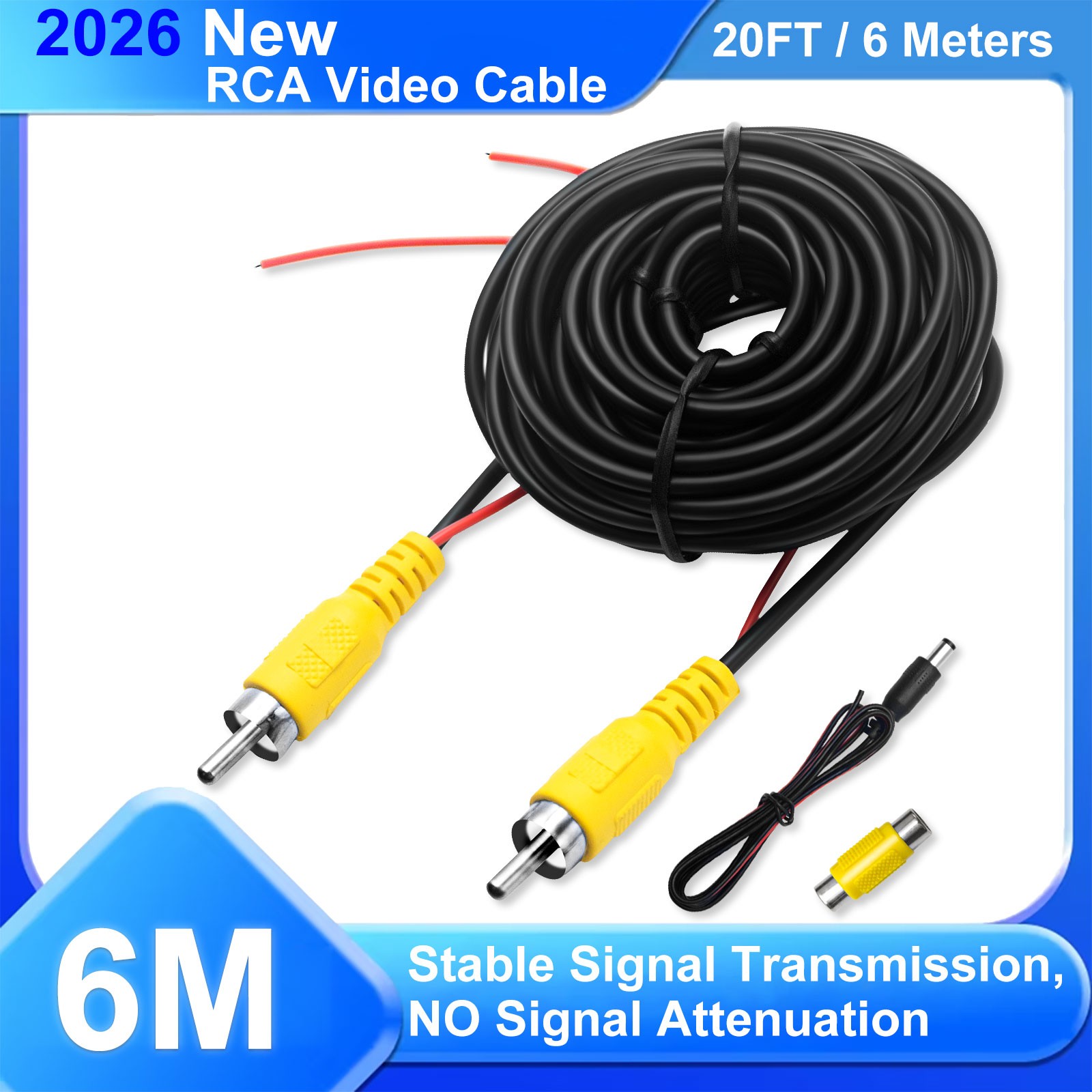 20FT 6M Double Shielded RCA Video Cable for Car Parking Camera Clear Video