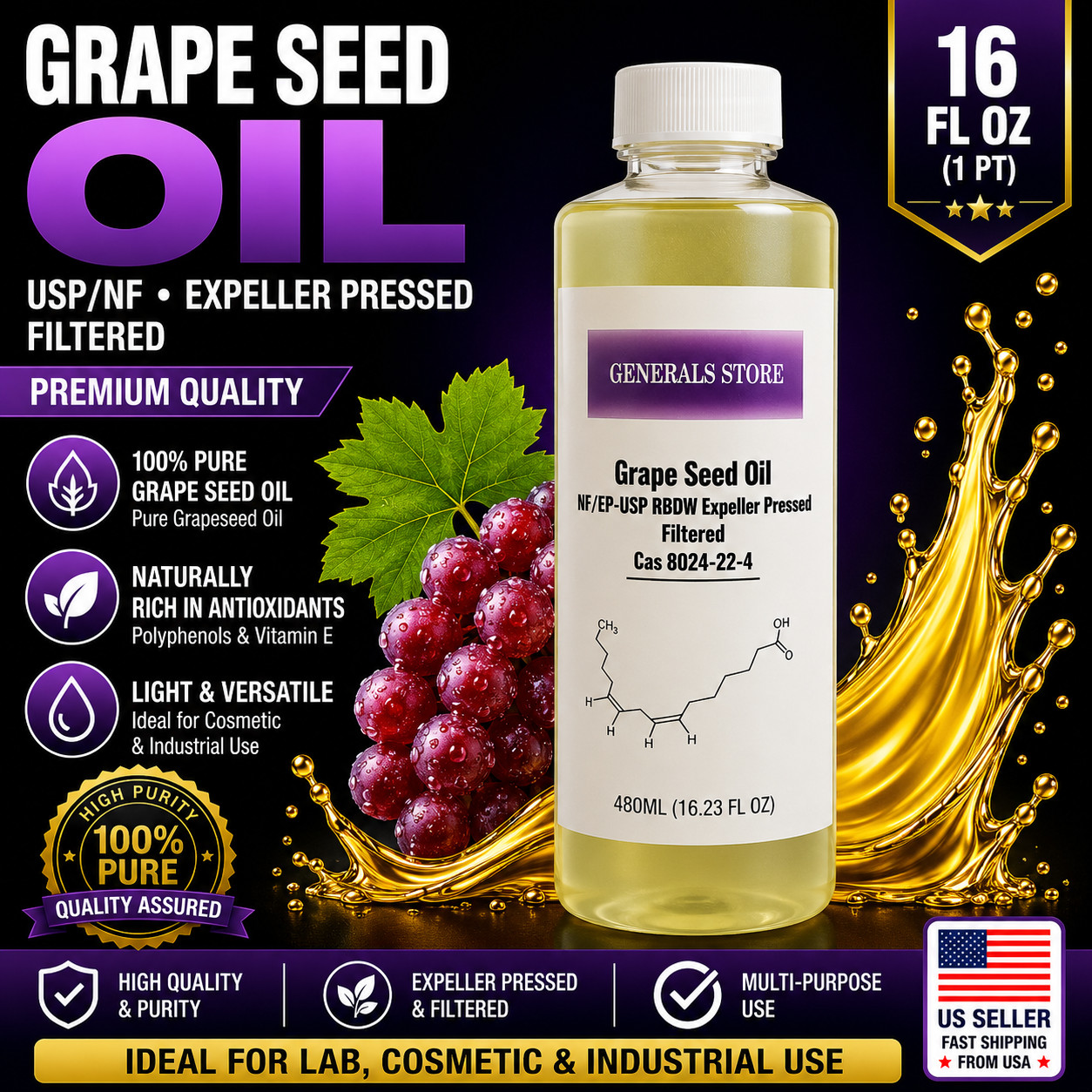 16oz Grapeseed Oil USP/NF EP Grade RBDW Filtered High Purity Laboratory Quality
