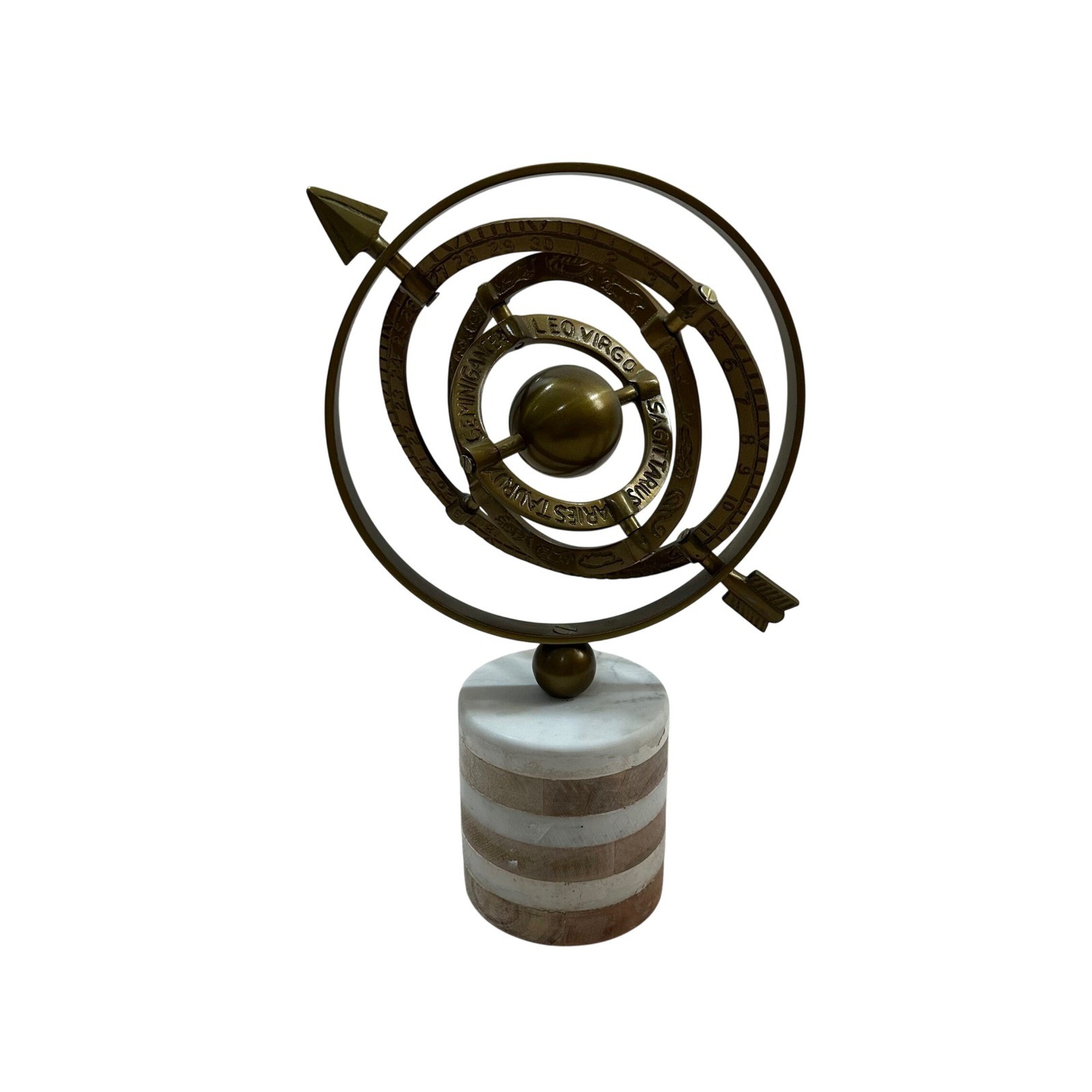 Brass Armillary Sphere Zodiac Globe on Marble and Wood Striped Base 13.5 Inch