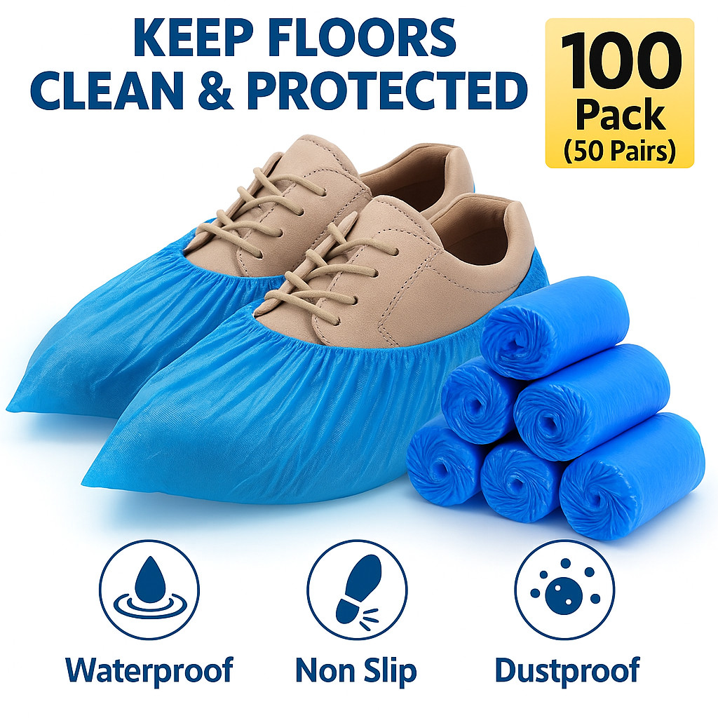 Disposable Shoe Covers 100 Pack Non Slip Waterproof Booties Protectors Blue CPE