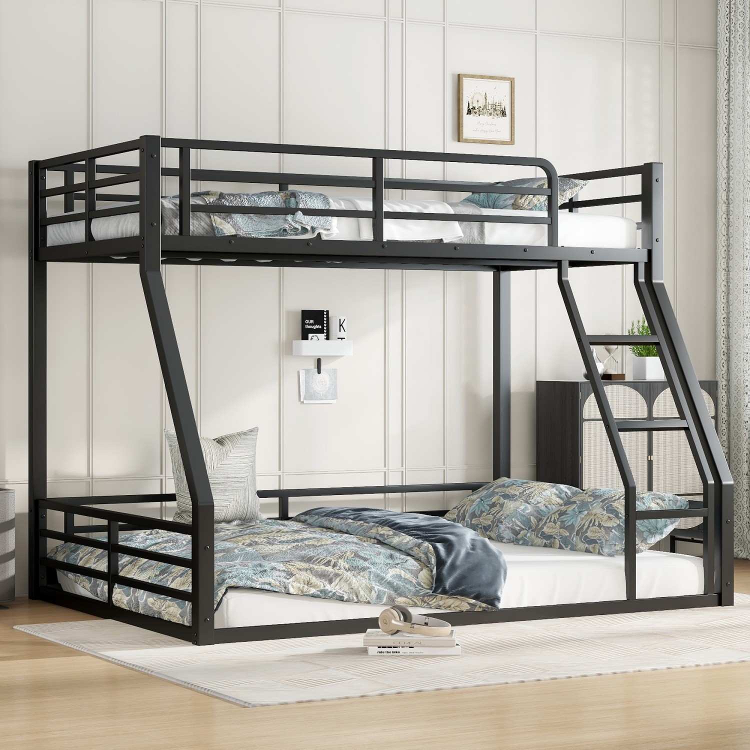 Twin XL Over Queen Metal Bunk Bed Heavy Duty Bunk Bed Frame w/ Ladder Black