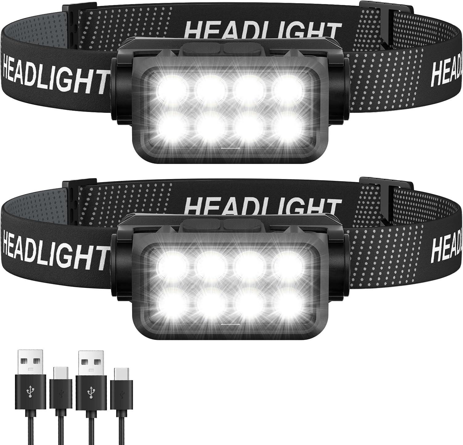 Rechargeable Headlamp Flashlight 2-Pack, 8 LED 2500 Lumen Ultra-Light Bright Hea