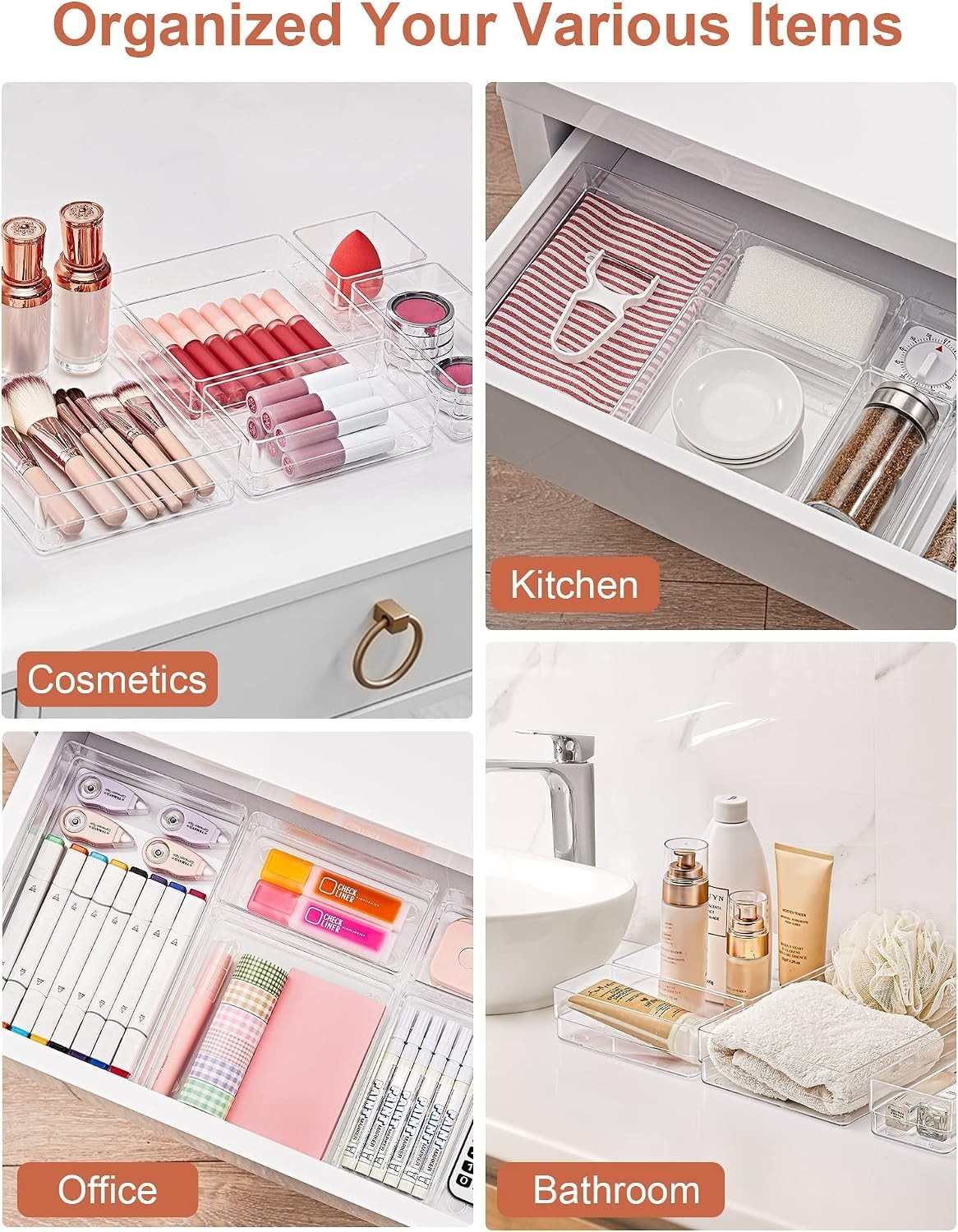 Clear 13-Piece Stackable Drawer Organizer with 5 Sizes for Ultimate Storage