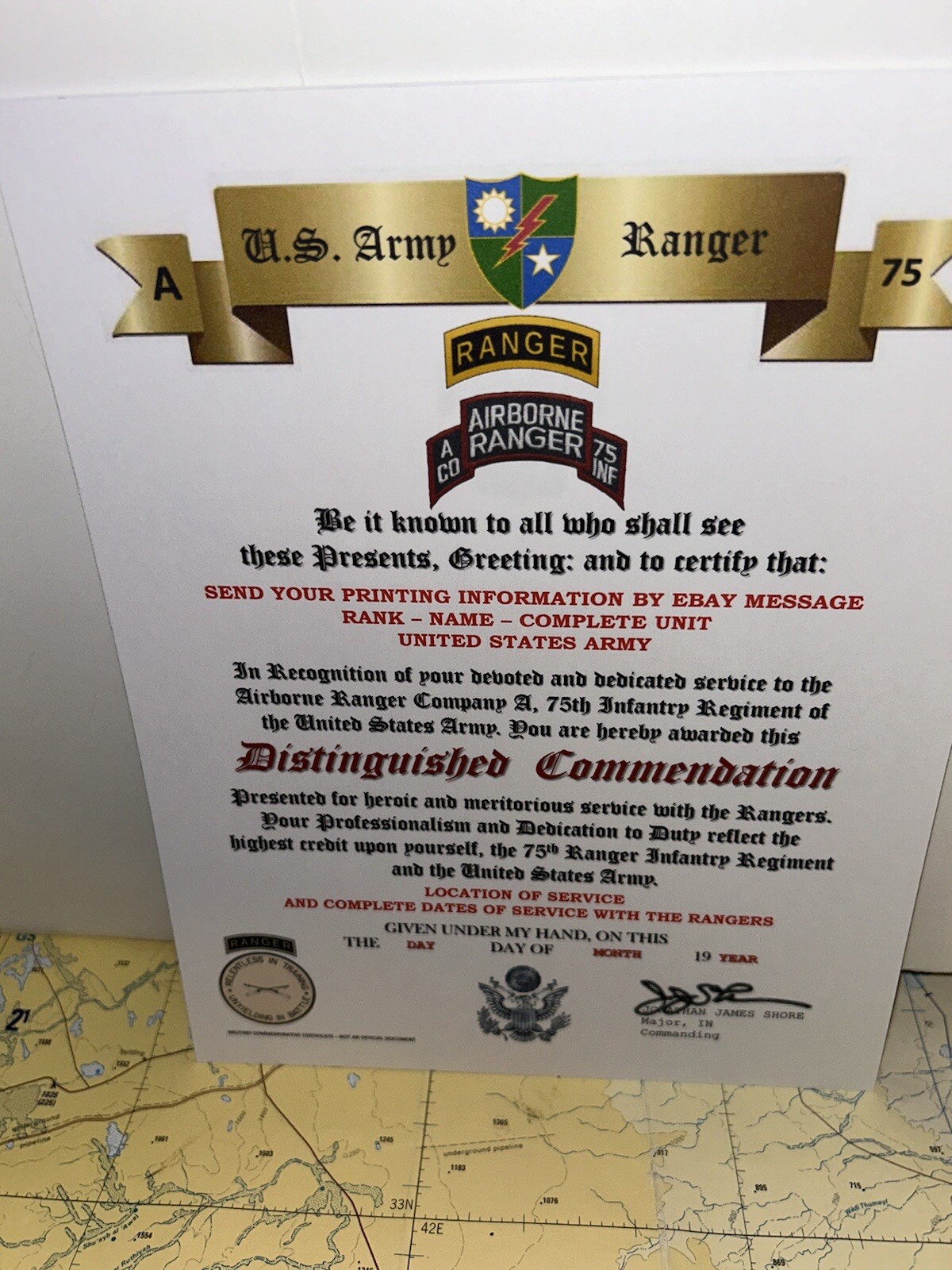 U.S. ARMY - A CO. 75TH RANGER INFANTRY / DISTINGUISHED COMMENDATION CERTIFICATE