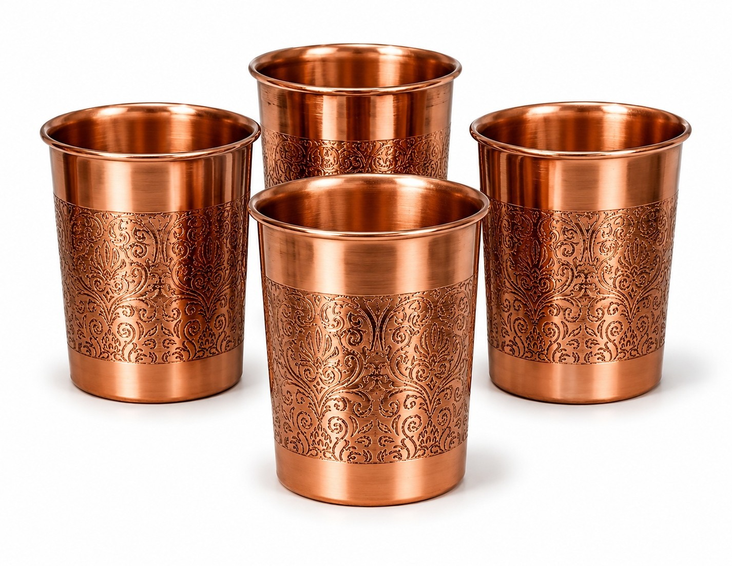 COPPER 250 ML EMBOSSED GLASS AYURVEDIC BENEFITS WATER TUMBLER CUP SET OF 4