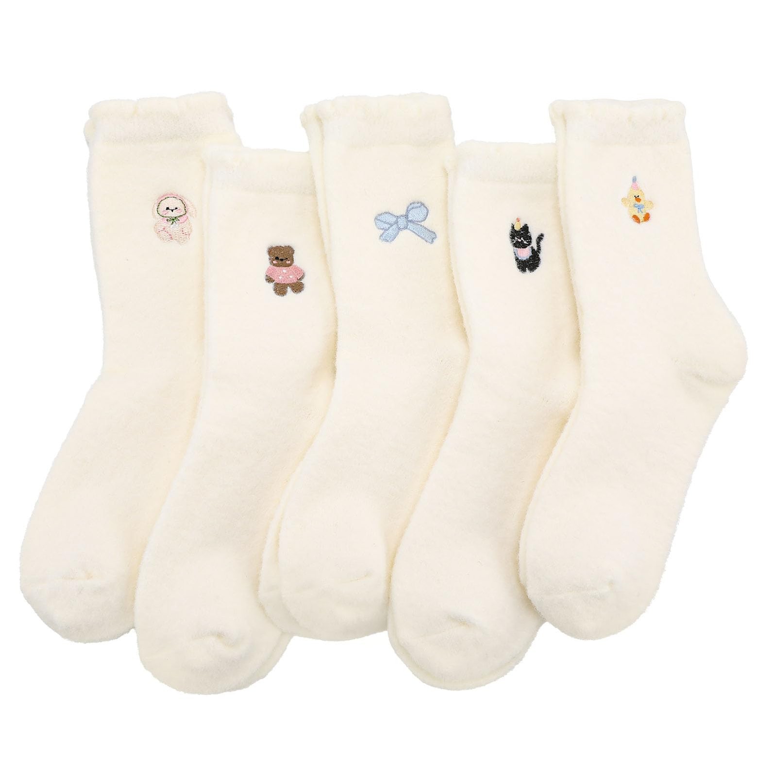 scenicamp 5 Pairs Women Soft Fuzzy Socks Cartoon Bow 5-8, White Embroidery