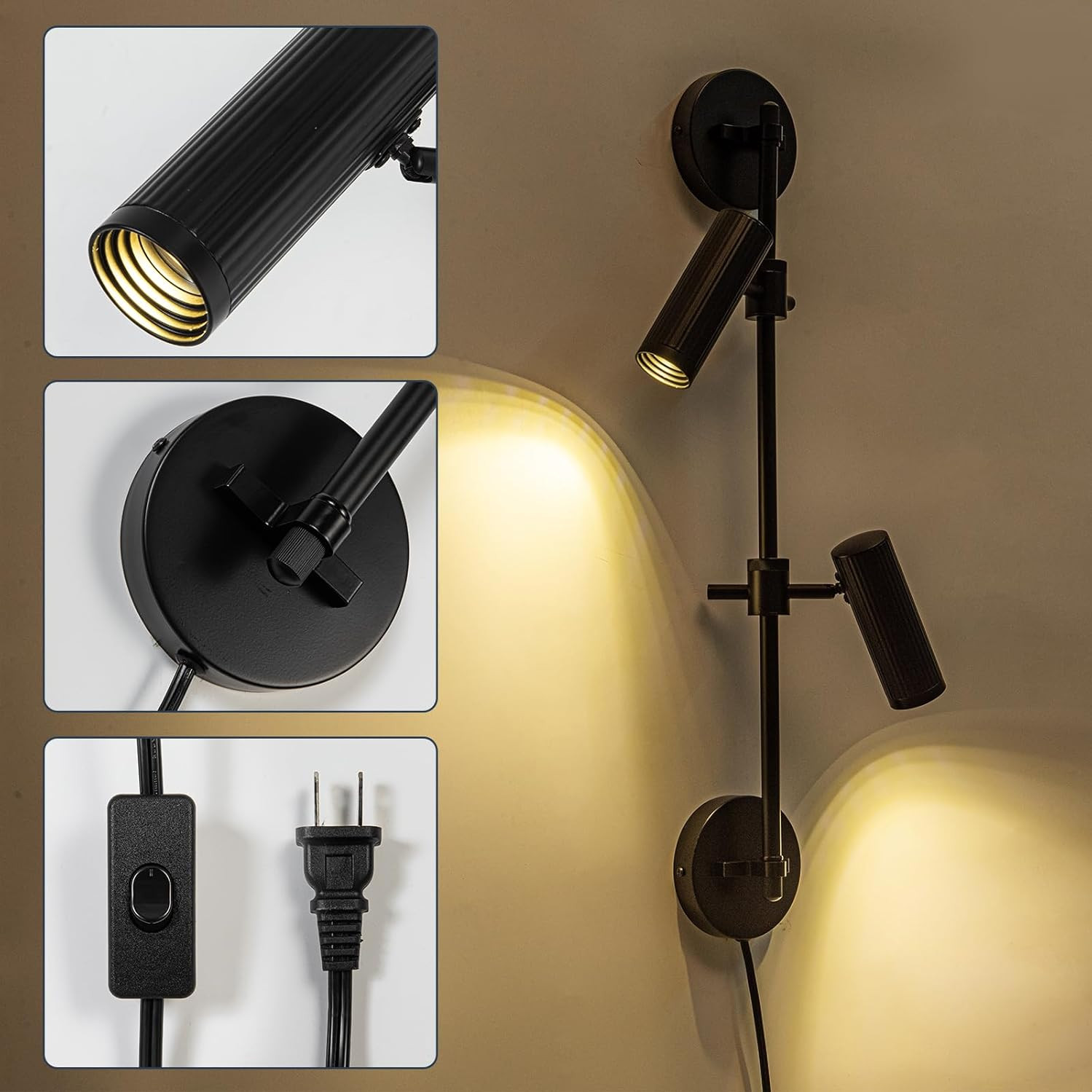 Plug in Wall Sconces, Black 2 Lights Rotatable Wall Lamp with Switch Cord Wall