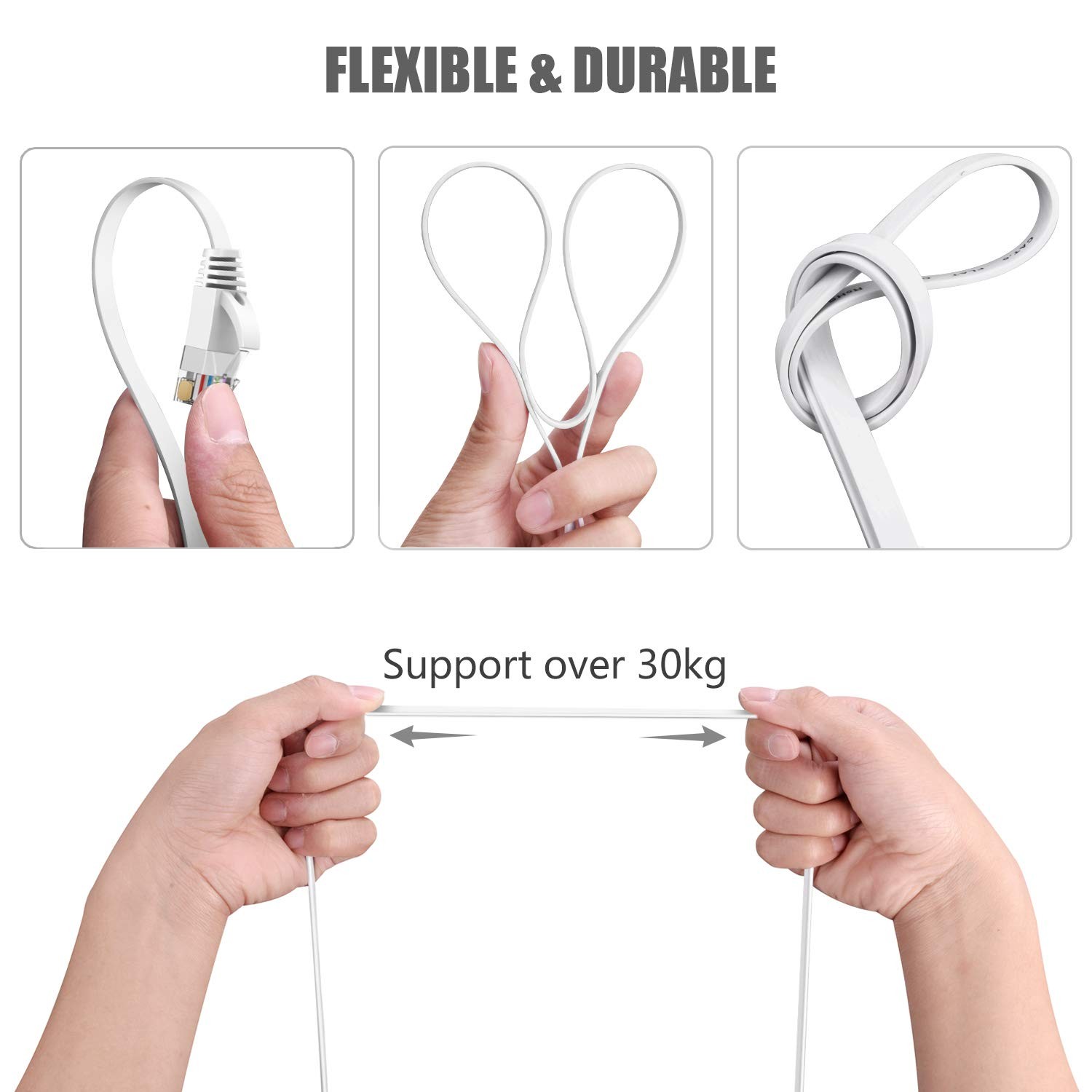 Cat6 Ethernet Cable 40 FT White, Cat-6 Flat RJ45 Computer Internet LAN Network E