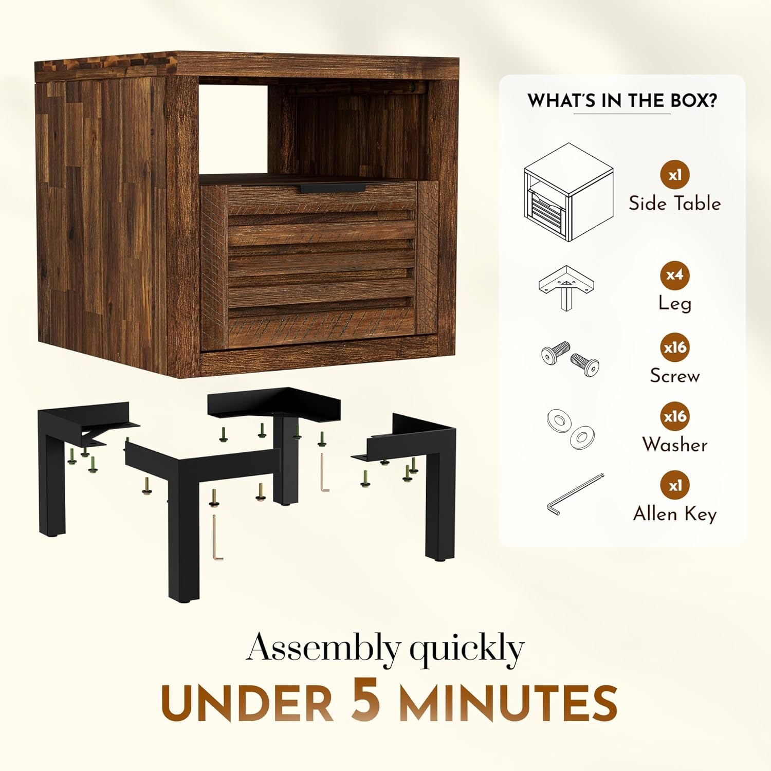 Bme Millie Solid Acacia Wood Rustic Nightstand Pre Assembled