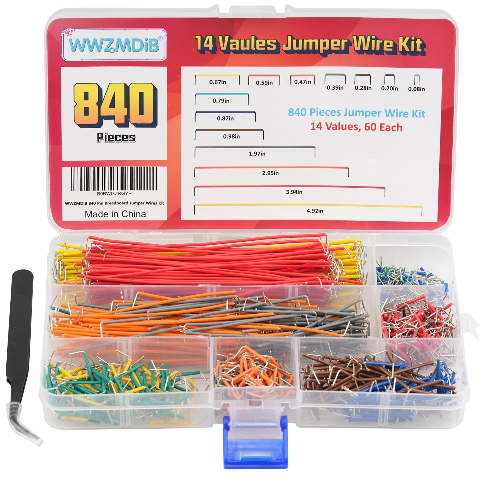 840 Pin Breadboard Jumper Wires Kit 14 Values Assorted Assortment 2125mm