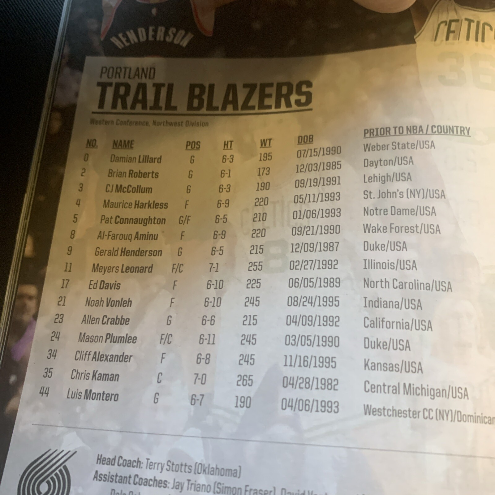 2016 Portland Trail Blazers Game Time Program Basketball Celtics