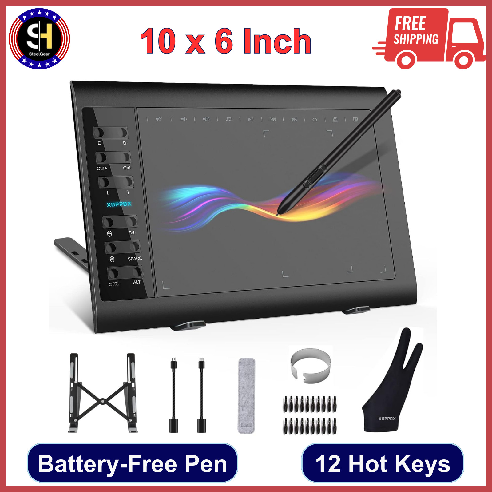10x6 inch Digital Drawing Tablet Artist Board Graphics Tablet w Battery-Free Pen