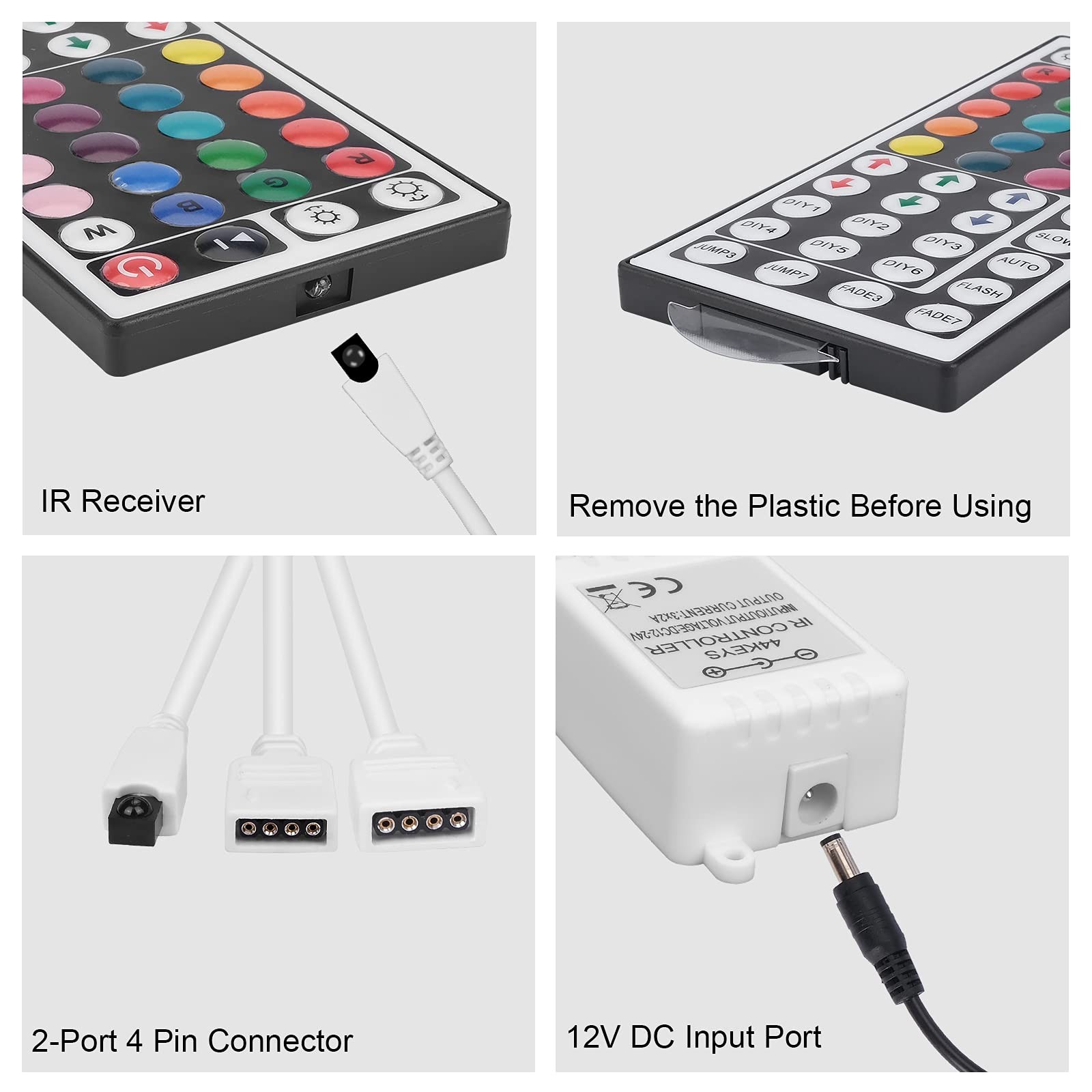 2-Port 44 Key IR LED Light Remote,RGB Control Box+ DC 12V 3A LED Power Supply...