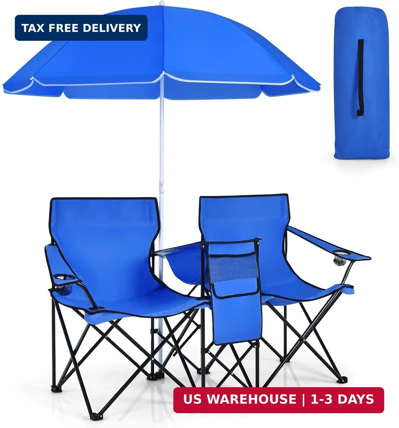 Double Camping Chair with Canopy, Folding Camp Chairs w/Cup Holder, Cooler & Car