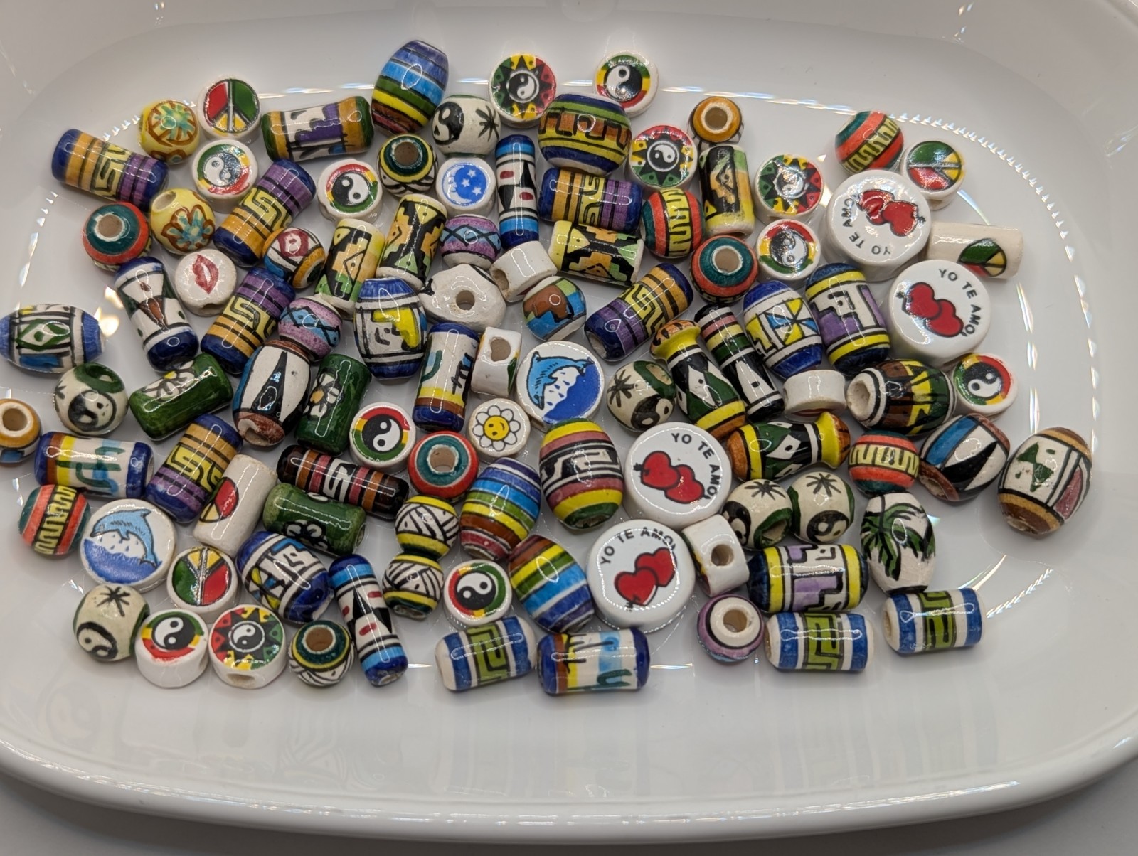 100 Hand Painted Vintage Mixed Ceramic Peruvian Inca Loose Beads. Same 100 Beads