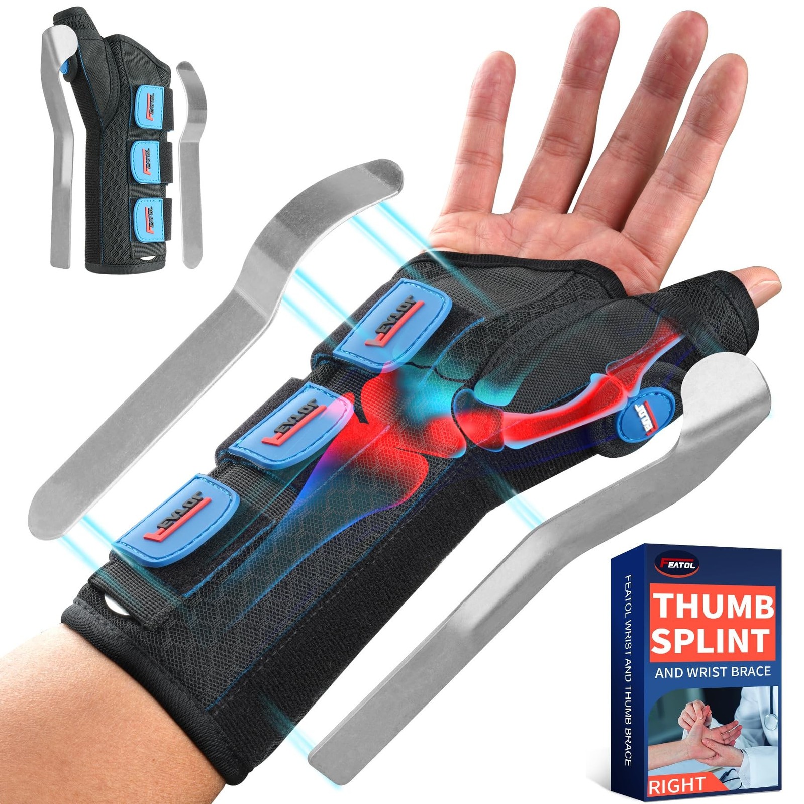 FEATOL Carpal Tunnel Wrist Brace Night Support, Thumb Spica Splint Right Hand...