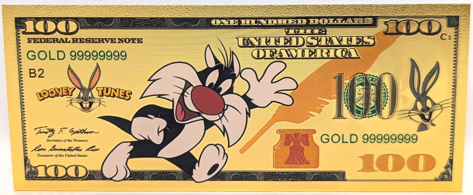 Sylvester Jr Cat Looney Tunes $100 Dollars 24K Gold Foil Plated Note Bill XX140