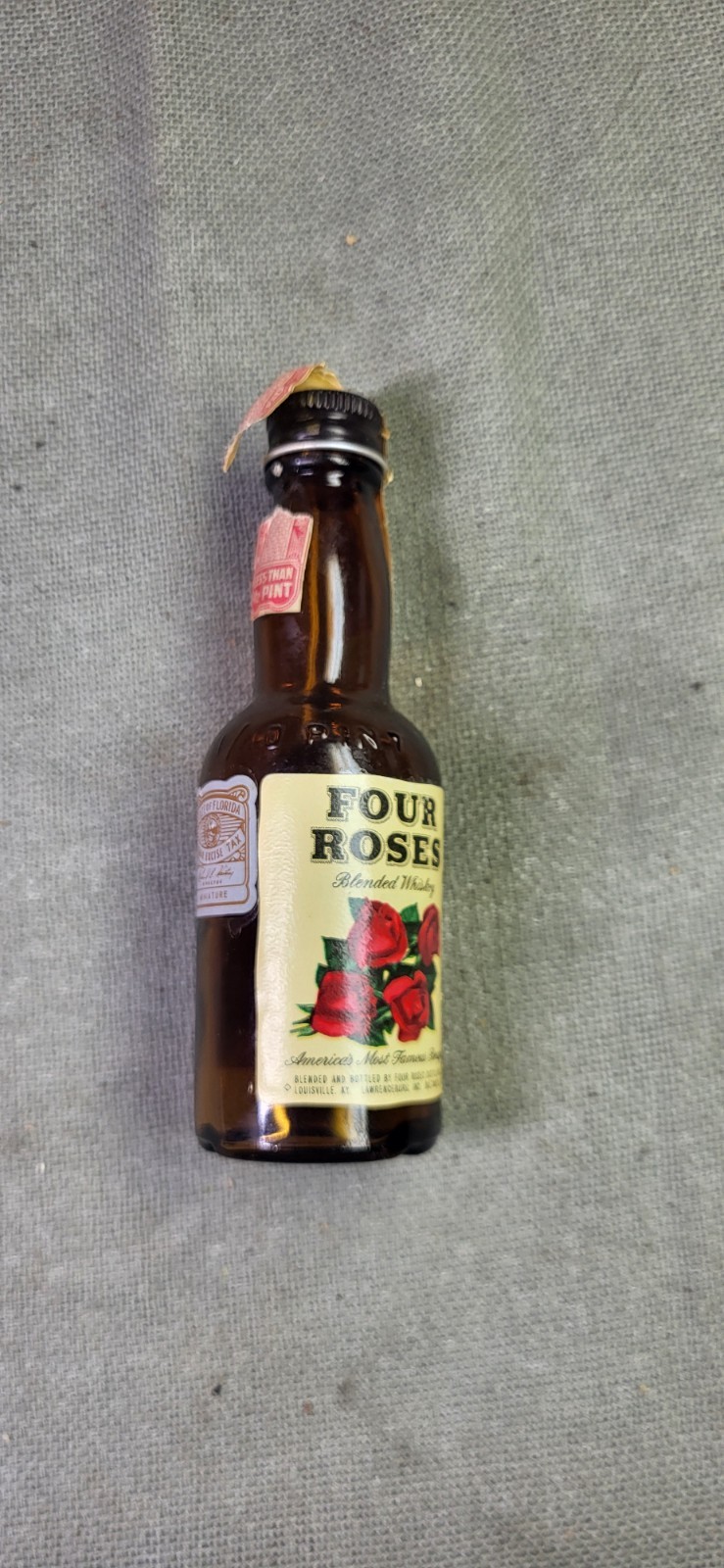 Vintage 1950s Four Roses Whiskey Bottle Mini 1/10 Pint Tax Stamps 86 Proof Empty