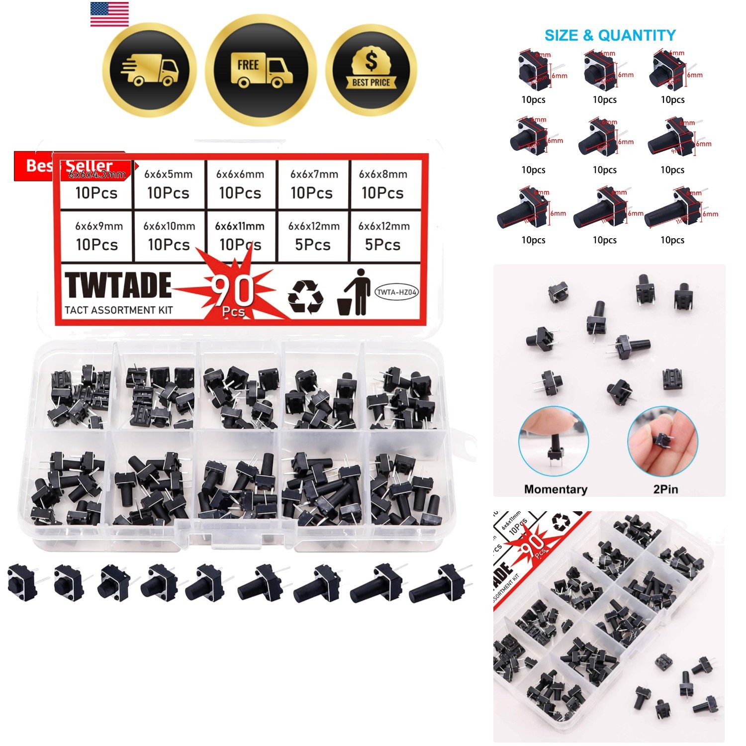 90PCS 2 Pin Tactile Switch Micro Momentary Tact Push Button Switch Assortment...