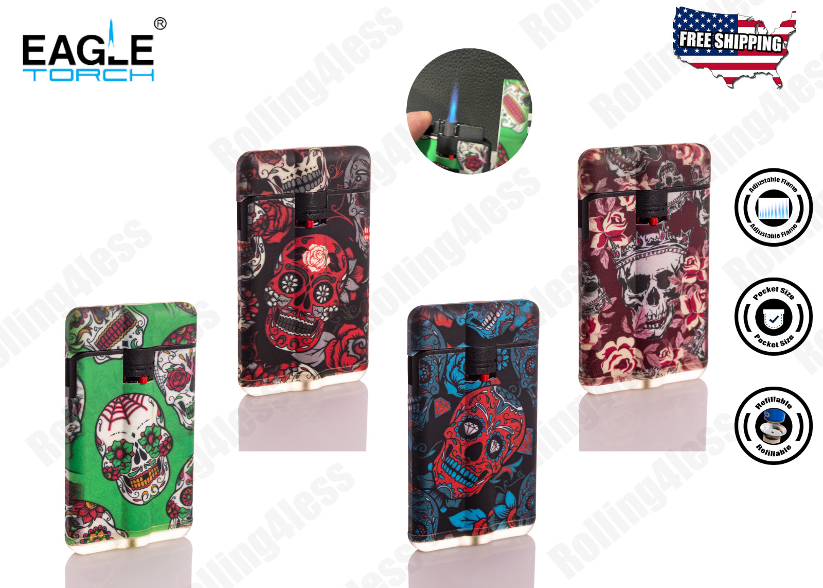 Eagle Torch Sugar Skull Design Ultra Slim Butane Refillable Torch Lighter | 4 PC