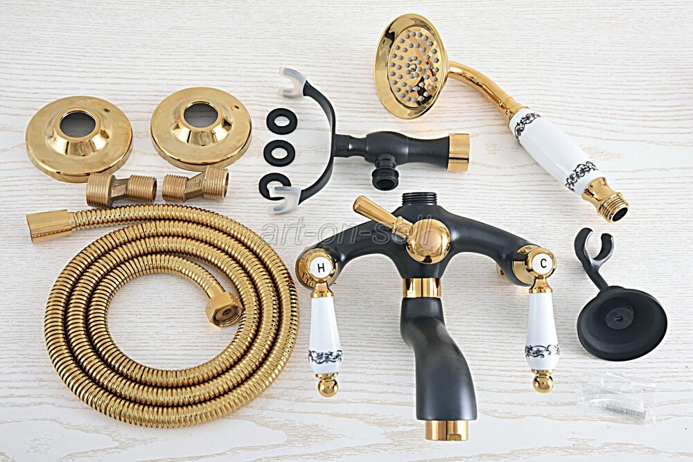 Black Gold Brass Wall Mounted Clawfoot Bath Tub Faucet with Hand Shower ana549