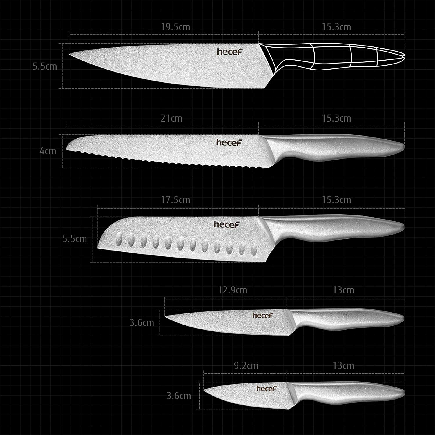 Hecef 11Pcs Knife Set Stonewashed Rustproof Stainless Steel Sharp Cutting Knife
