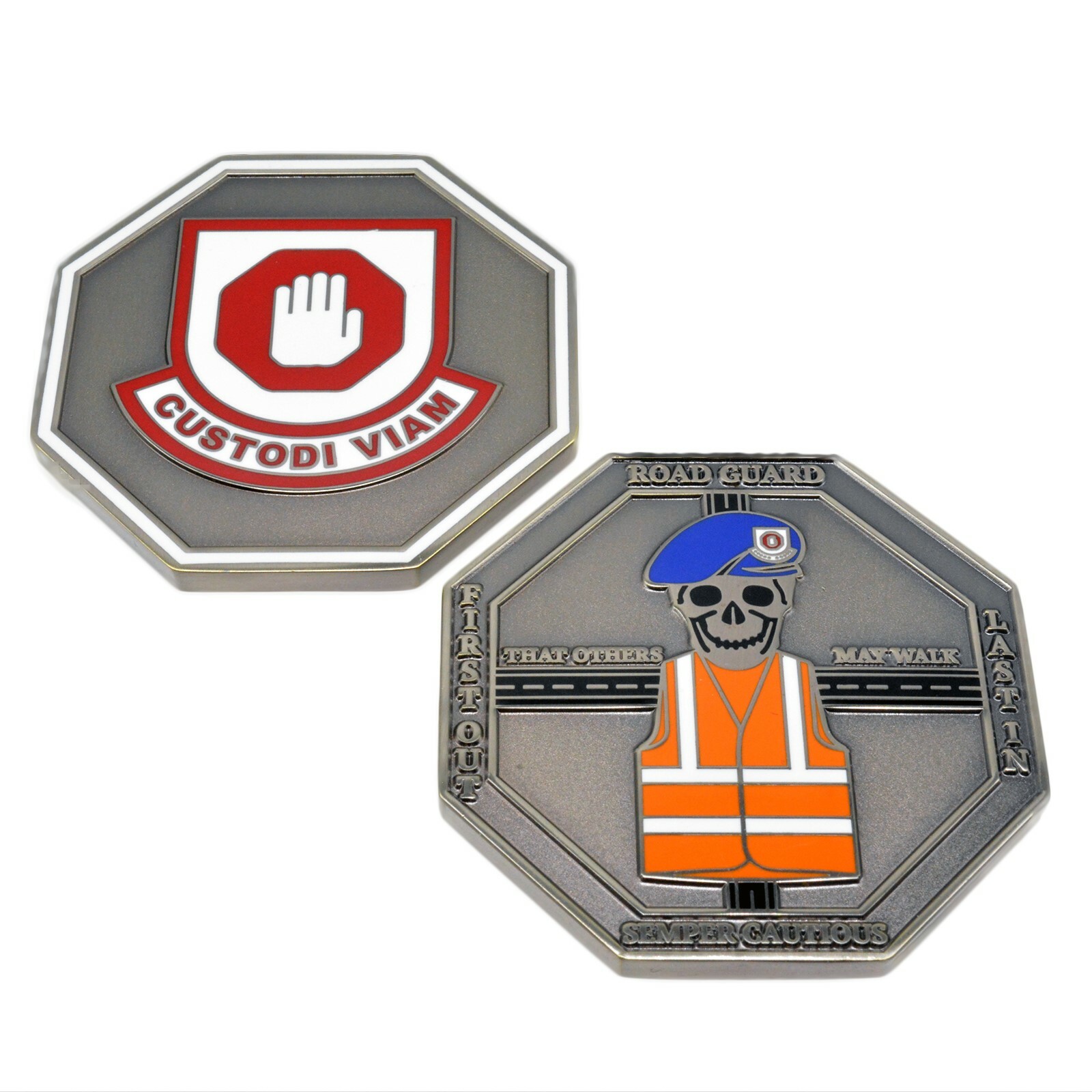 Military Road Guard Challenge Coin Collectible Parody Stop Sign Shape 1.75"