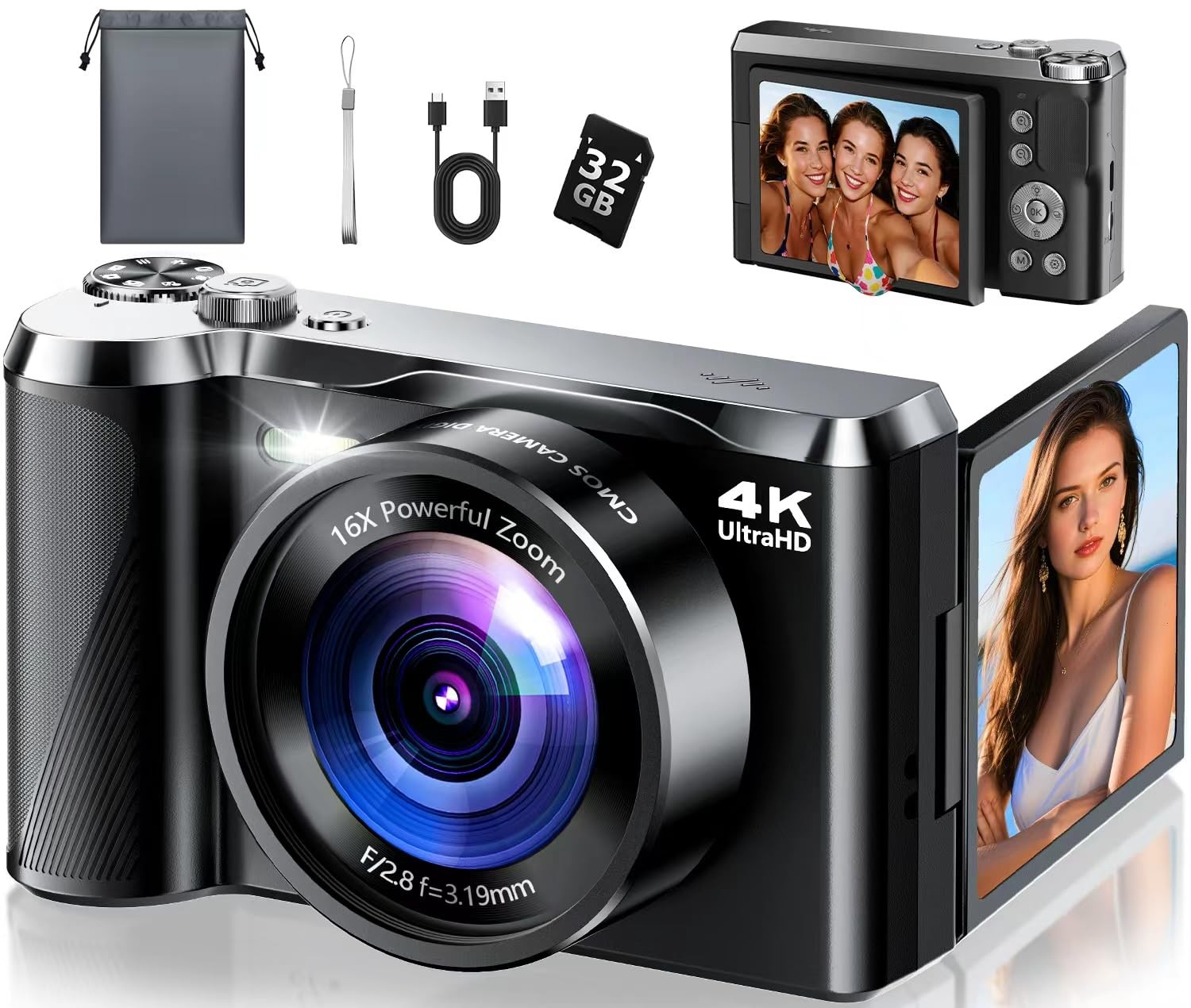 4K Digital Camera for Photography & Travel, 56MP Autofocus Vlogging Black