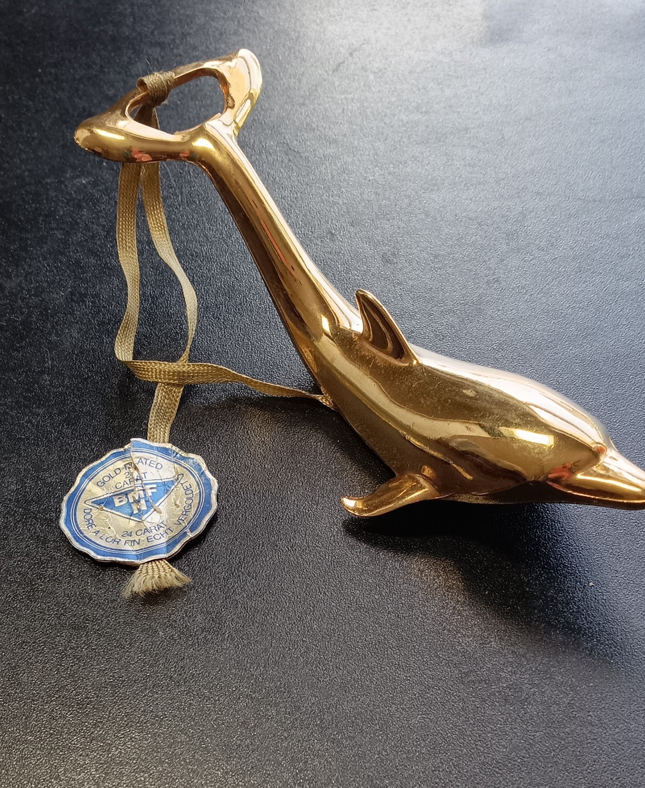 Vintage Bottle Opener 24k Gold Plated Dolphin BMF - West Germany - Label