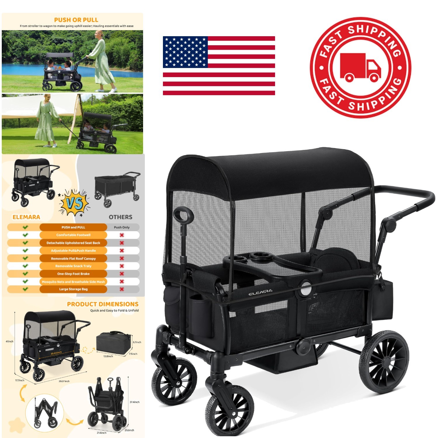 All Terrain Stroller Wagon for 2 Kids Durable Iron Frame Adjustable Handle