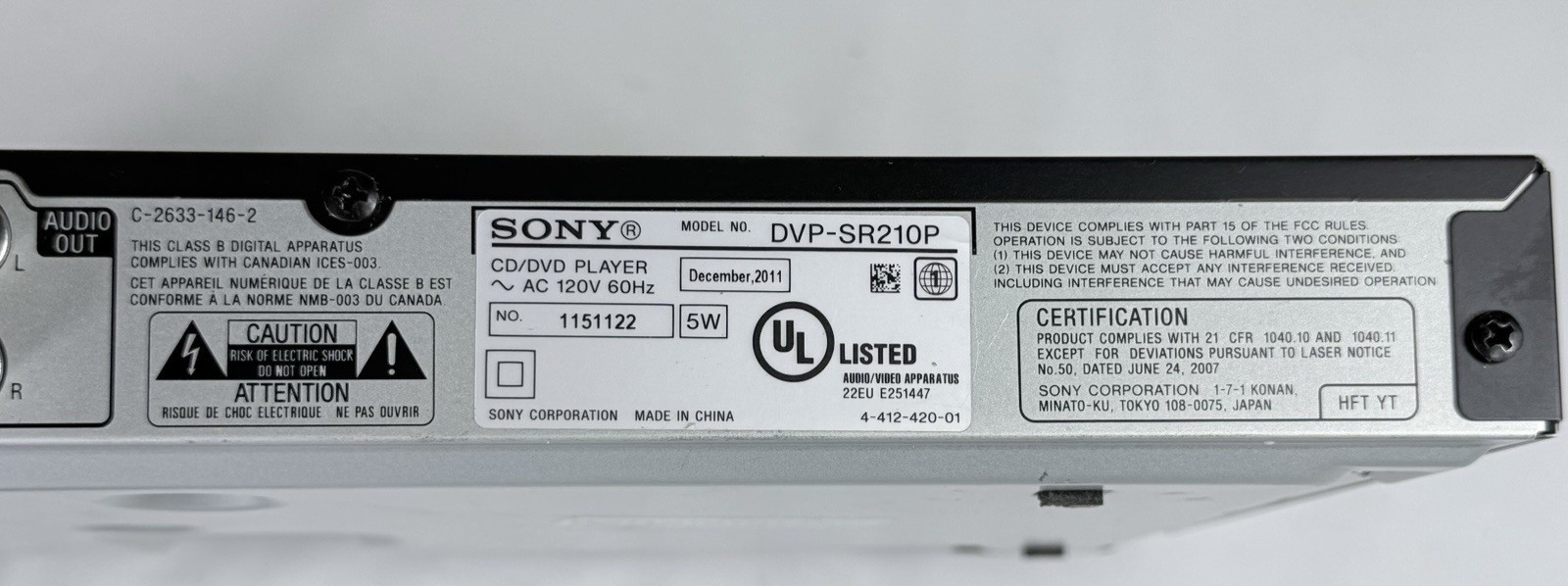 Sony DVP-SR210P DVD CD Player w Sony Universal Remote AV Cables Tested Works