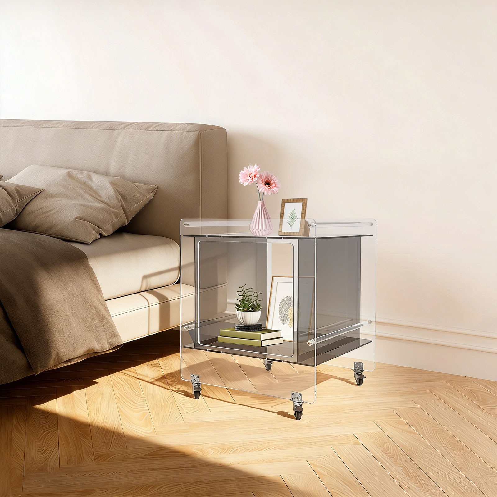 46x40x55cm Side Table Acrylic Mobile Table Multifunctional End Table with Wheels
