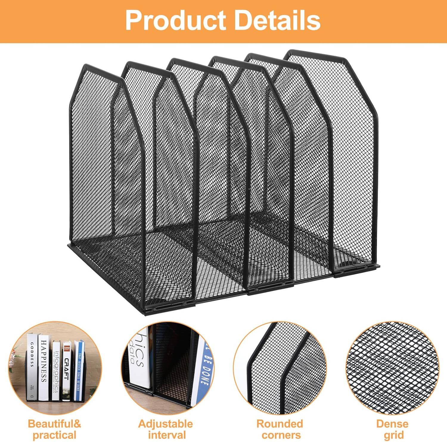 2 Pcs Vertical File Organizer for Desk - Metal Mesh Holder with 5 Compartments,