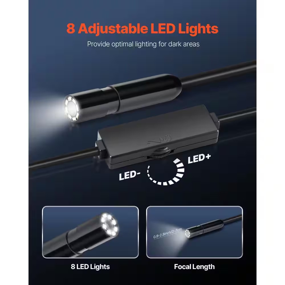 1920P HD Endoscope with Light, Android/Ios Compatible. 8 LED Lights, 10 Ft. Semi