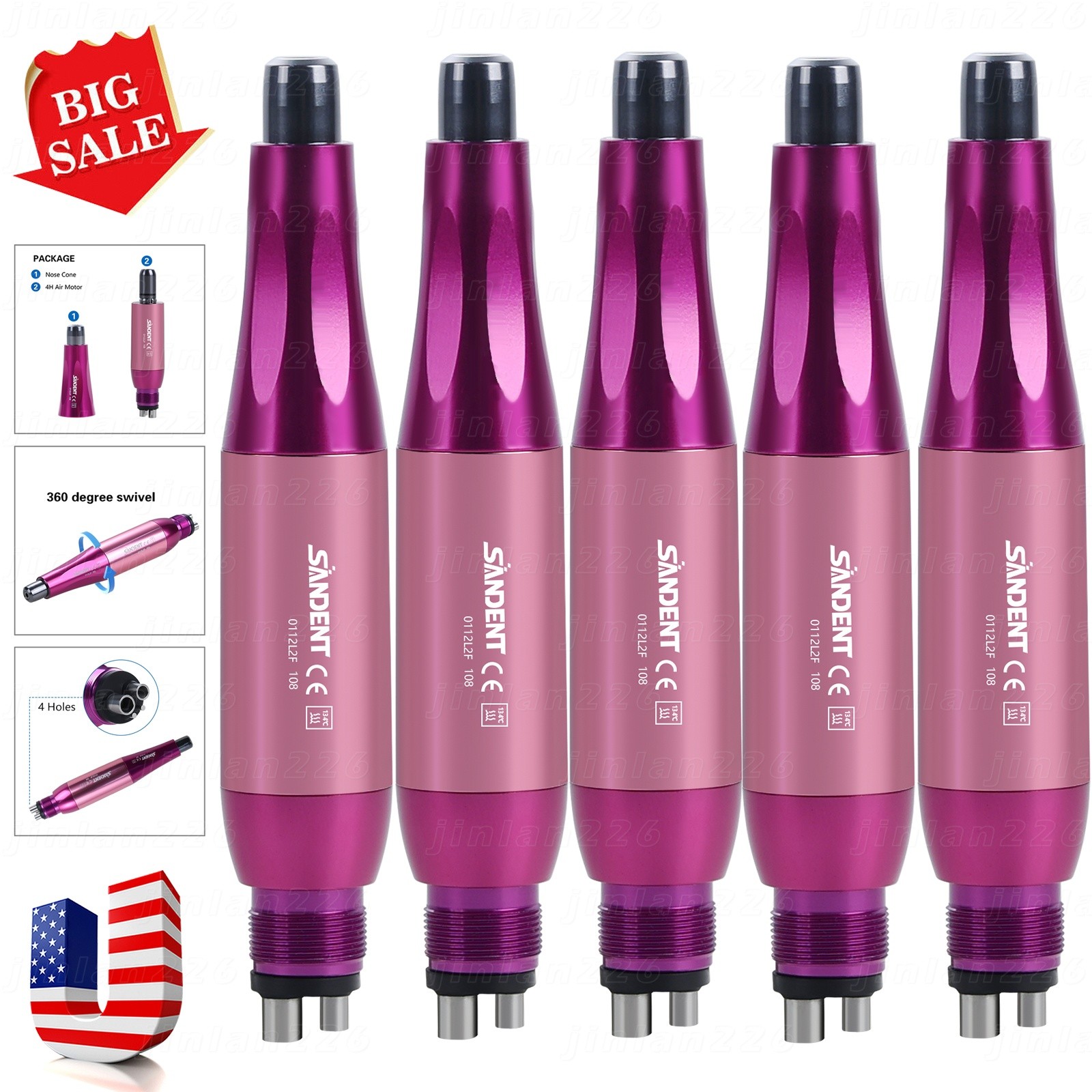 1-5* Dental Hygiene Prophy Handpiece Air Motor 4Holes 4:1 Nose Cone 360°Swivel