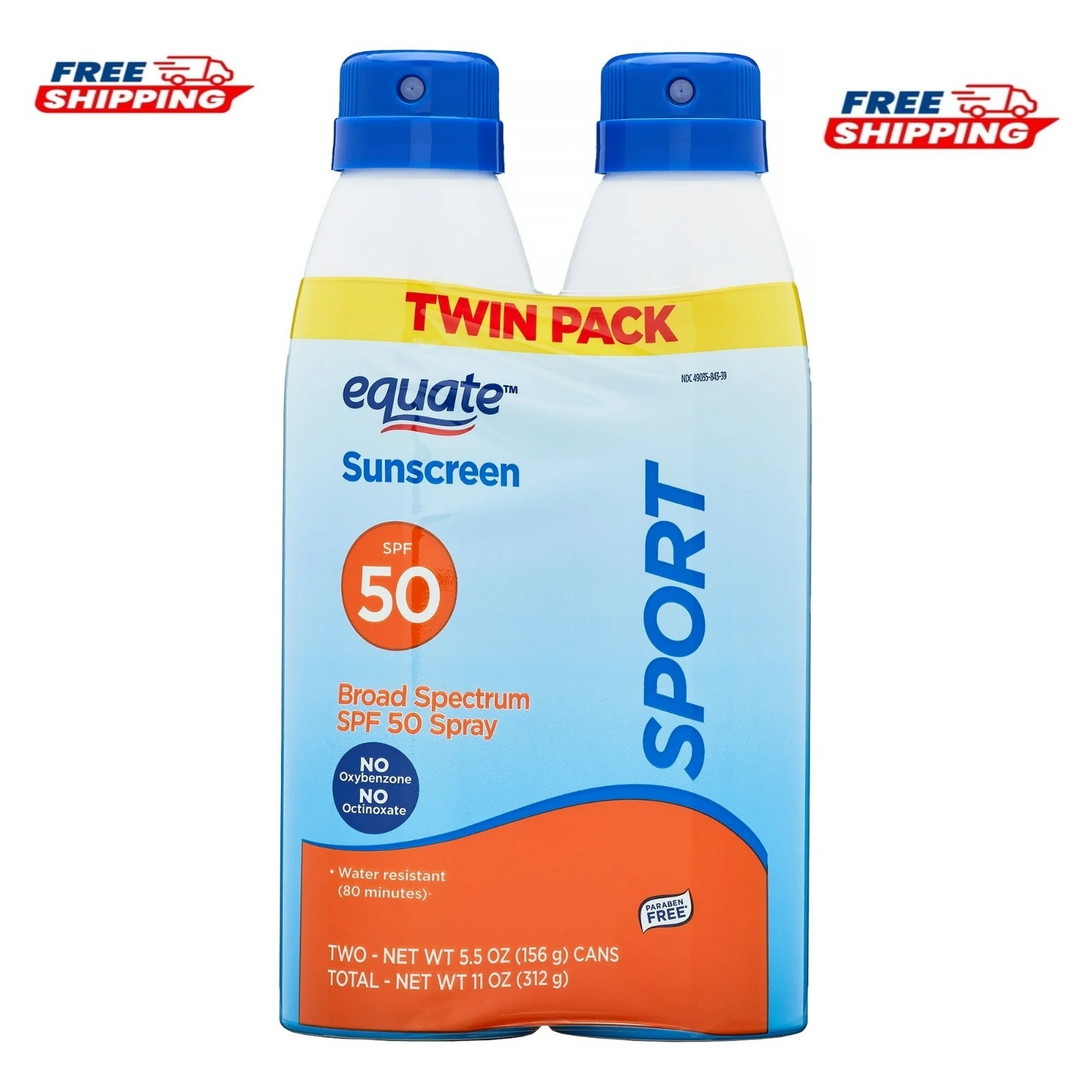 Equate Sport Broad Spectrum Sunscreen Spray, SPF 50, Twin Pack