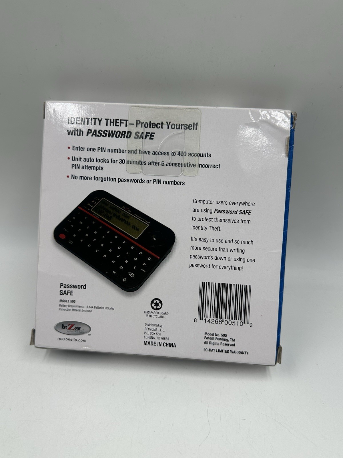 RecZone Password Safe Model 595 Secure Vault Password Organizer Remember