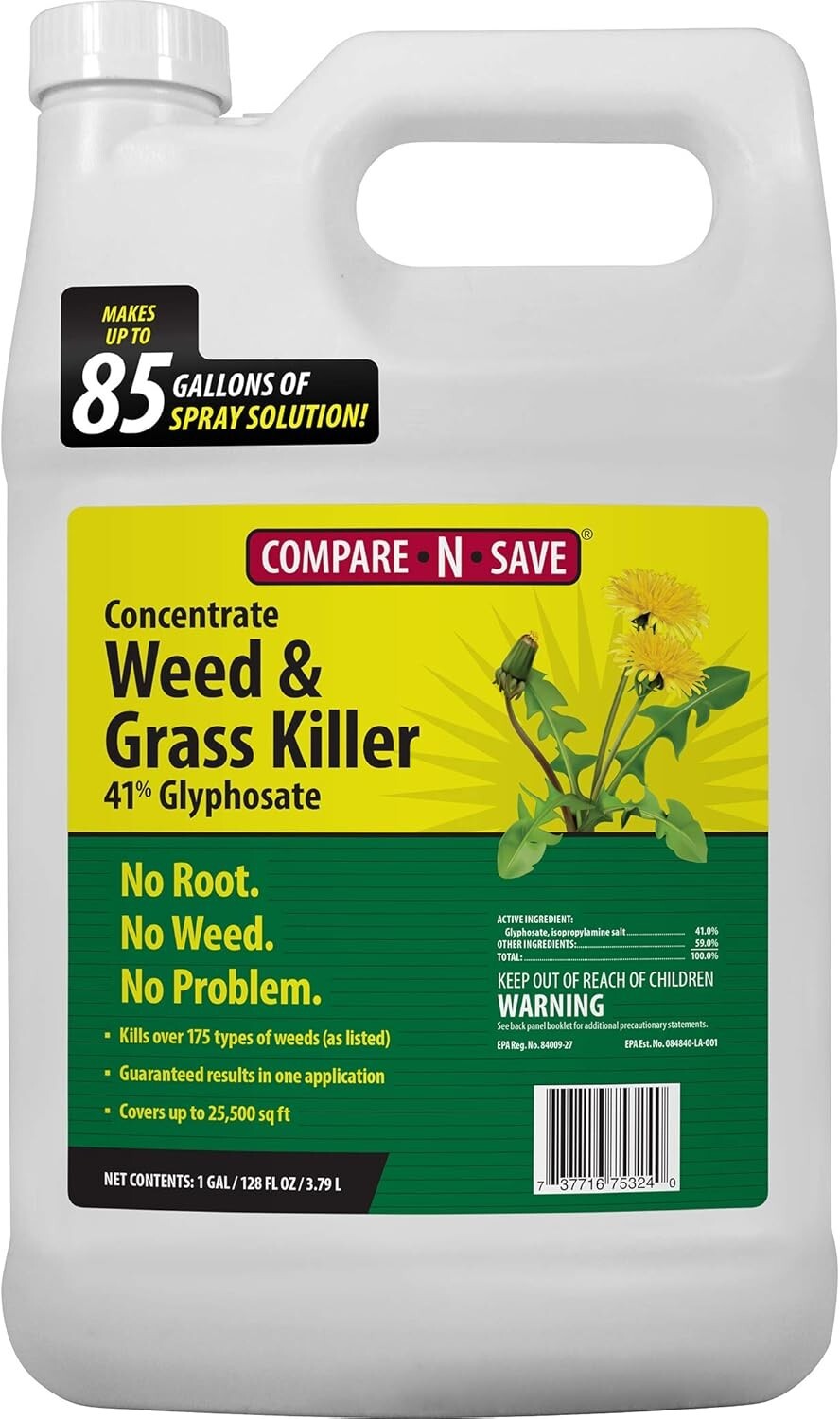 Weed Grass Killer Herbicide 1Gal 41% Glyphosate Compare-N-Save 75324, Rainproof