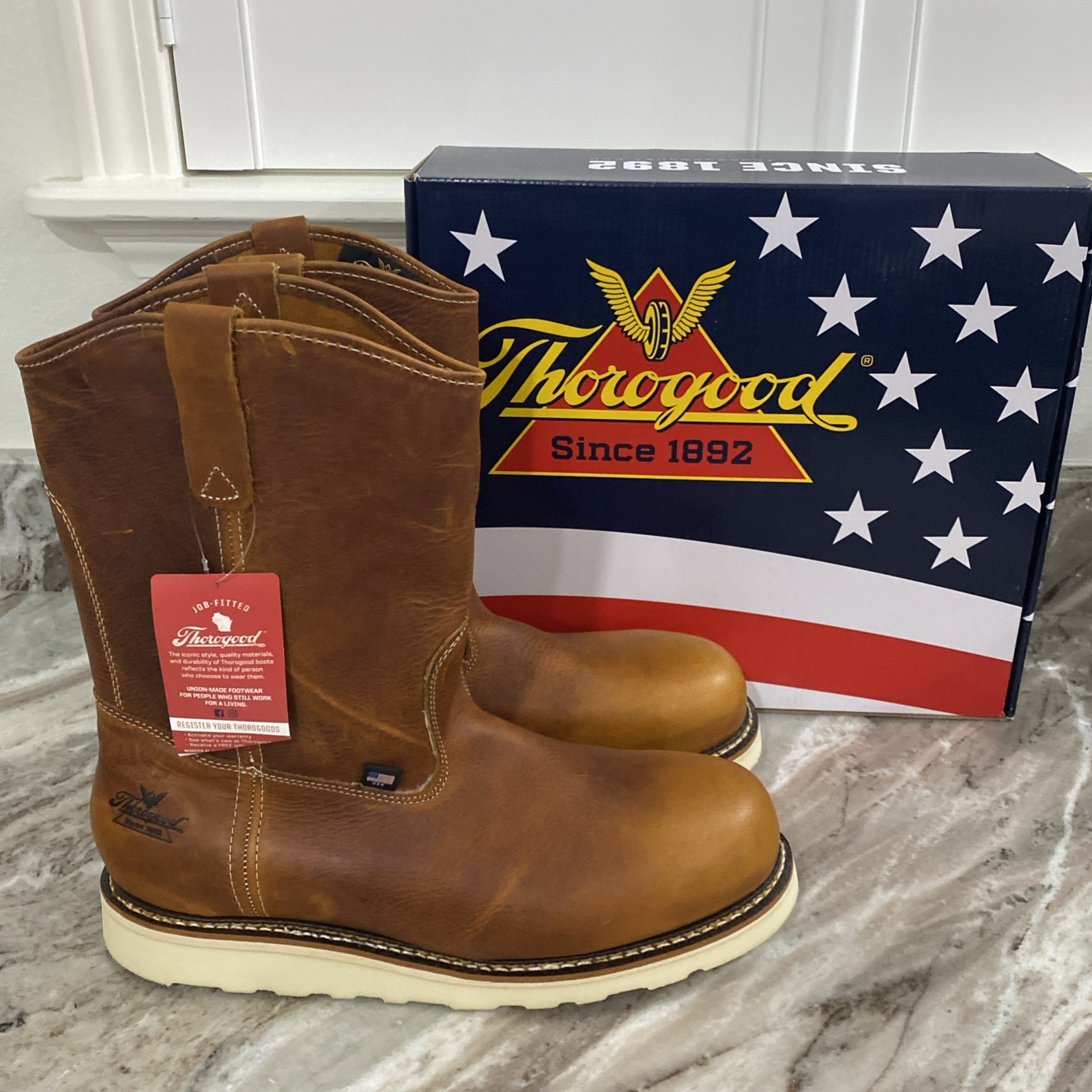 Thorogood Mens Wellington Wedge Brown Leather Boots Safety Steel Toe 804-4205 US