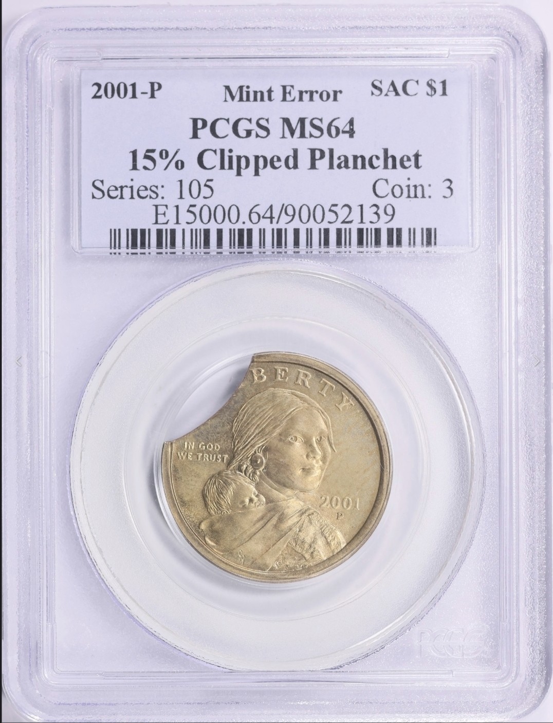 2001 P Sacagawea $1 Dollar Error Clipped Planchet 15% PCGS MS-64