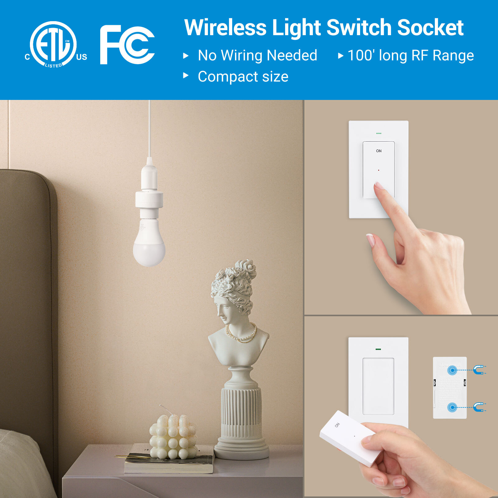 DEWENWILS Remote Control Light Socket, Wall Mounted Wireless Light Switch 100FT