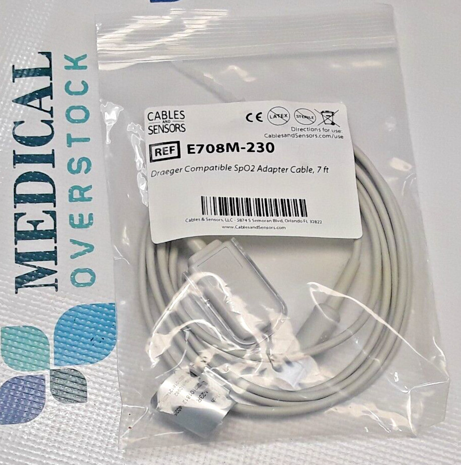 E708M-230 -CABLES & SENSORS - DRAEGER COMPATIBLE SpO2 ADAPTER CABLE - 7ft - NEW