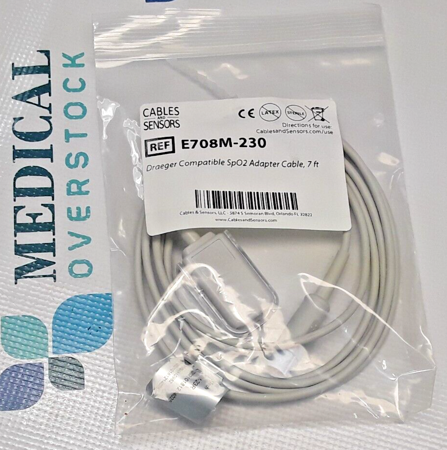 E708M-230 -CABLES & SENSORS - DRAEGER COMPATIBLE SpO2 ADAPTER CABLE - 7ft - NEW
