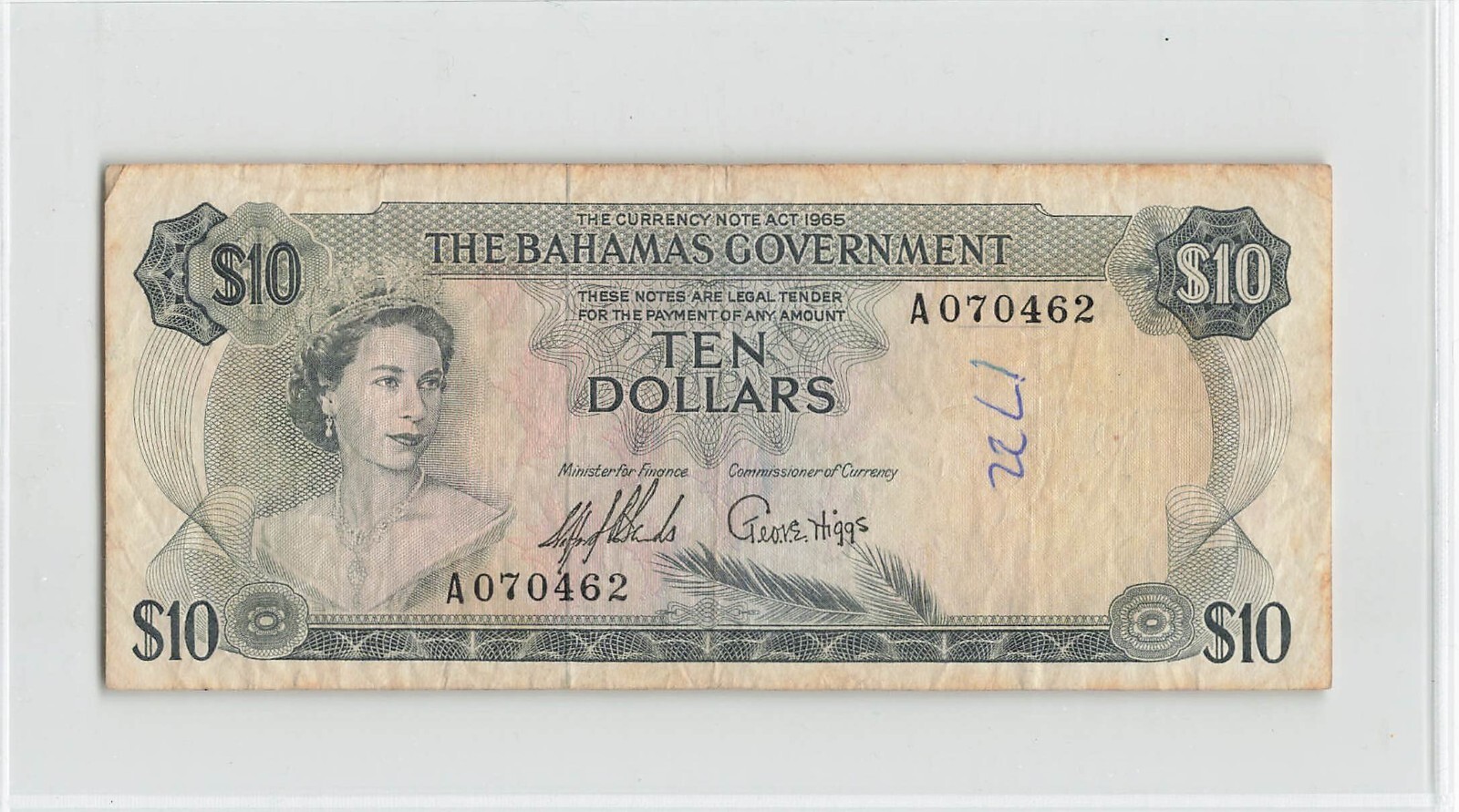BAHAMAS $10 Dollars 1965, P-22a Government, A070462, 2-Signatures, Scarce    B1
