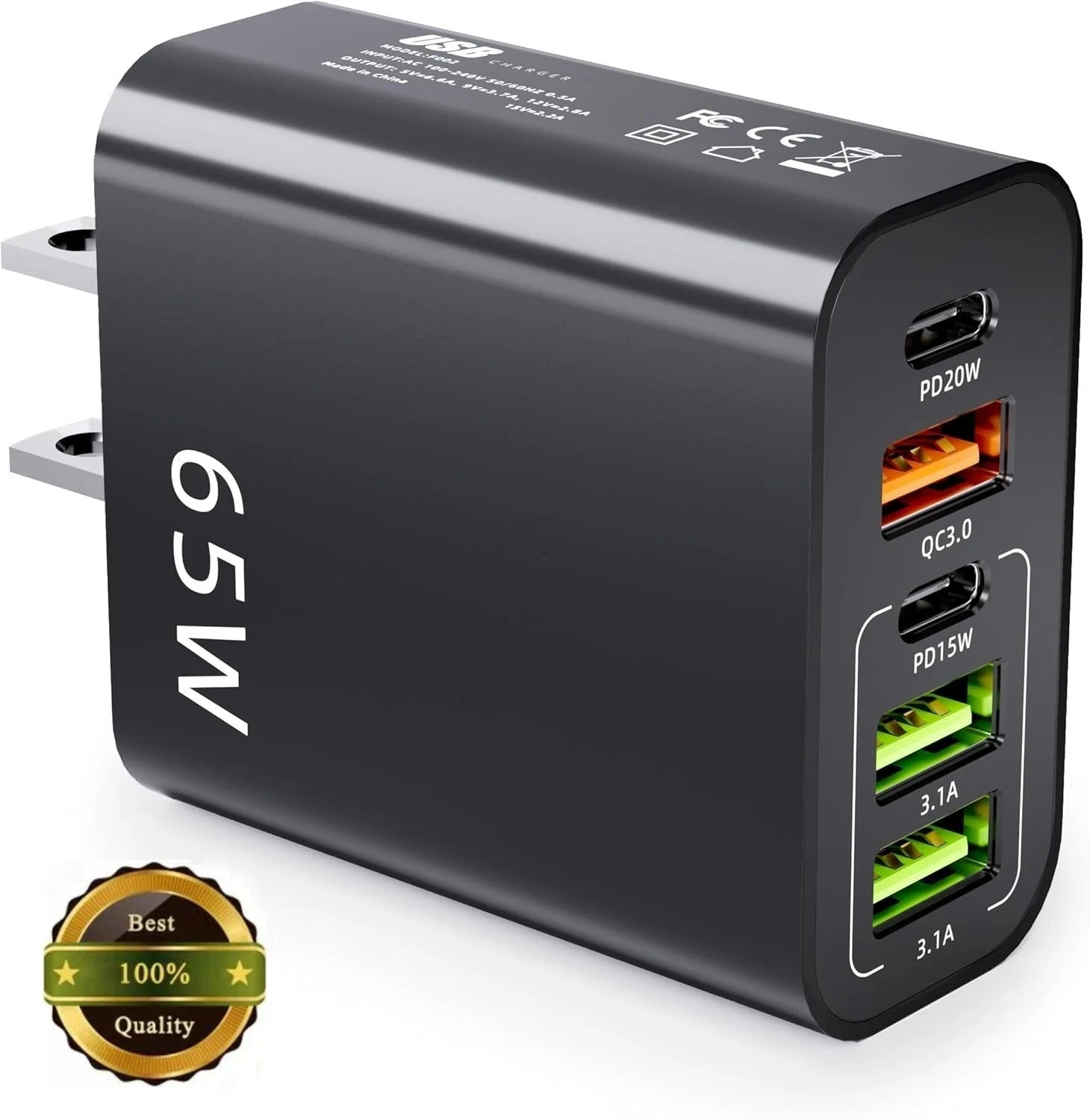 65 W USB Charger with 5 USB Port - 3 USB + 2 USB-C PD Fast Wall Charger
