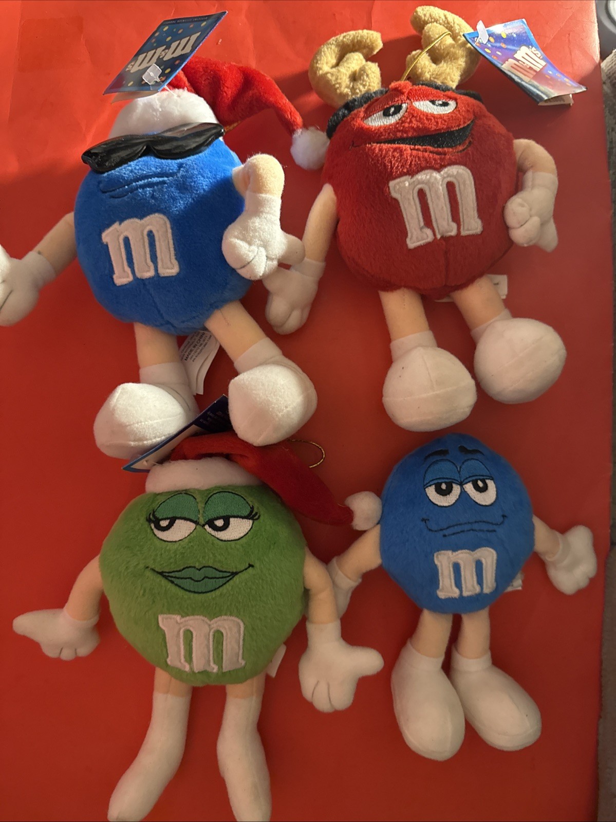 4 x M&M Christmas Santa Reindeer Plush 2001 Dolls New With Tags !